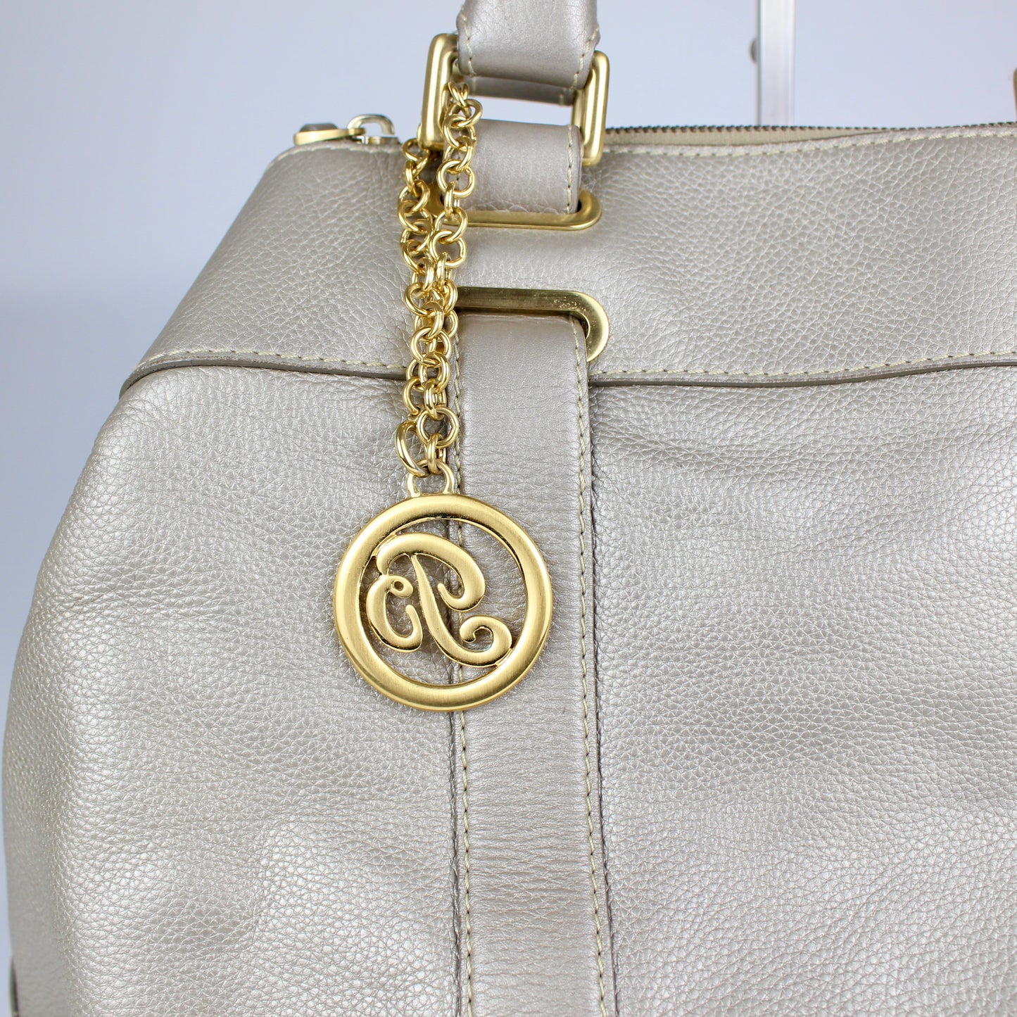 Authentic Pale Gold Textured Leather Satchel with Logo Charm