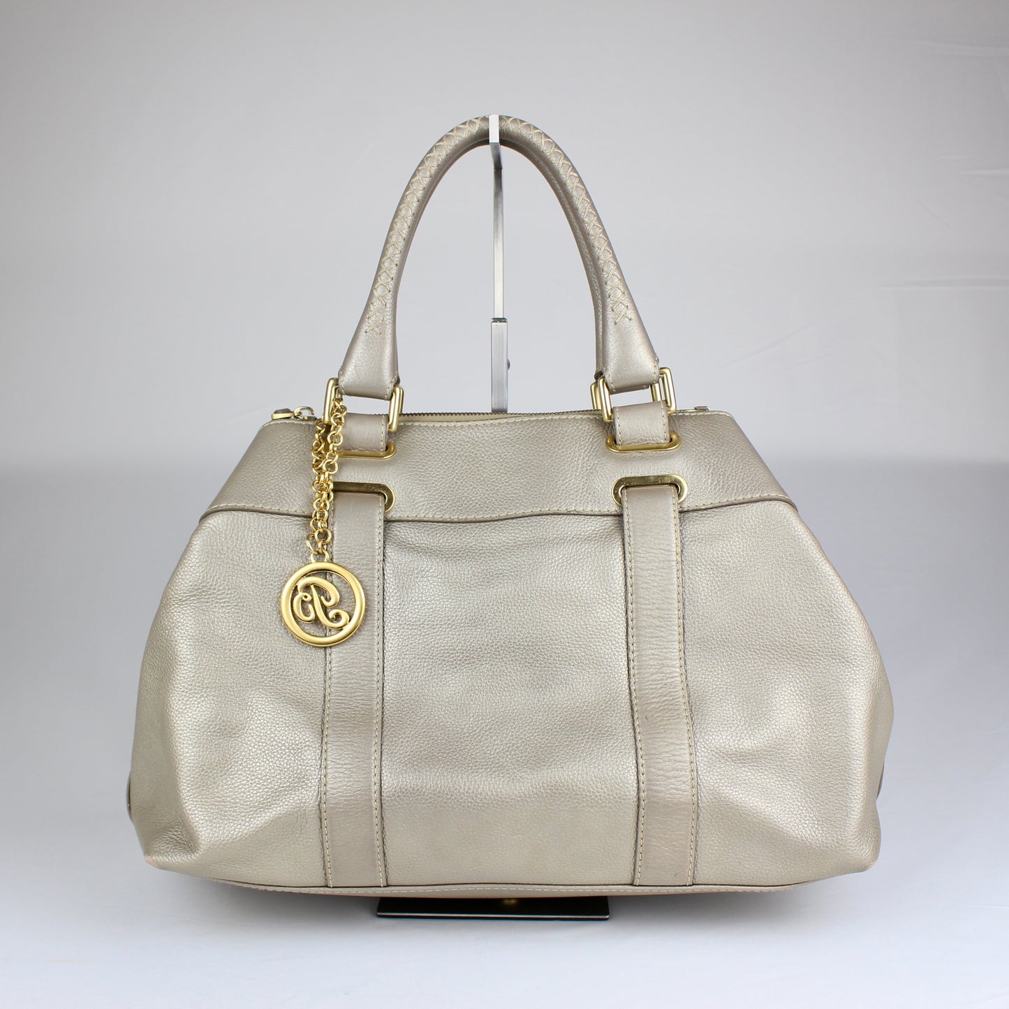 Authentic Pale Gold Textured Leather Satchel with Logo Charm