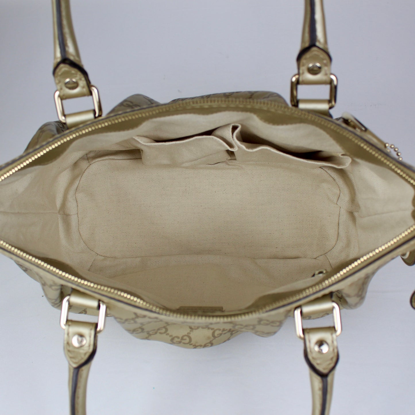 Gucci GG Monogram Gold Patent Leather Tote Bag with Shoulder Strap