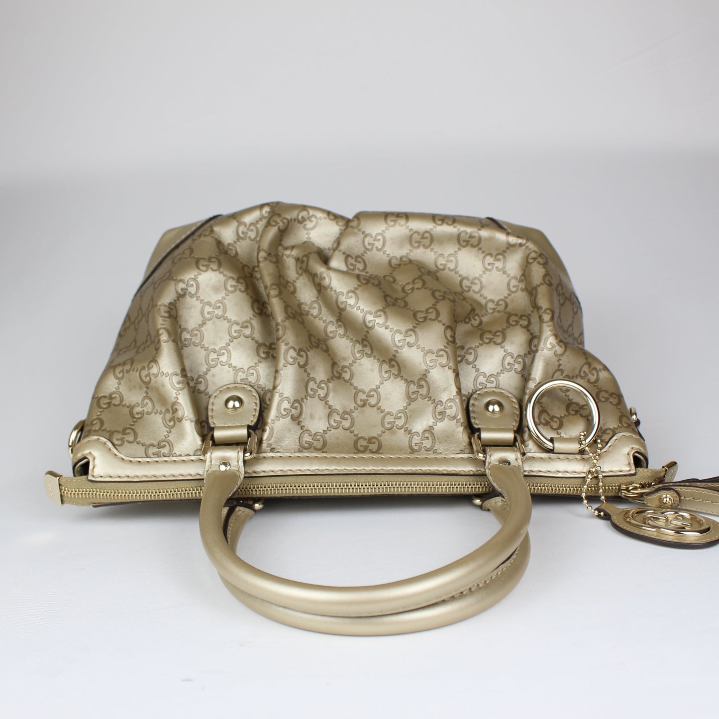 Gucci GG Monogram Gold Patent Leather Tote Bag with Shoulder Strap