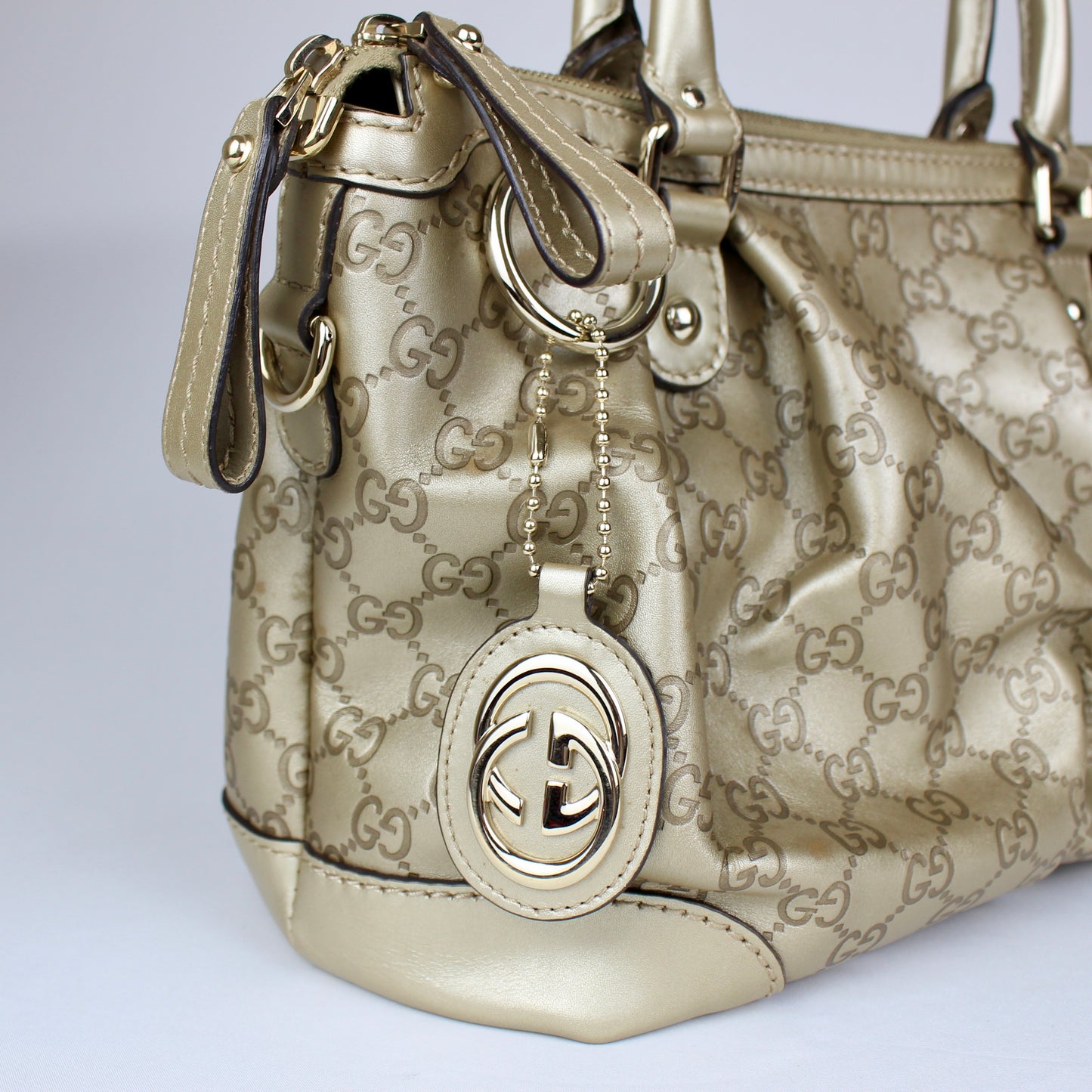 Gucci GG Monogram Gold Patent Leather Tote Bag with Shoulder Strap