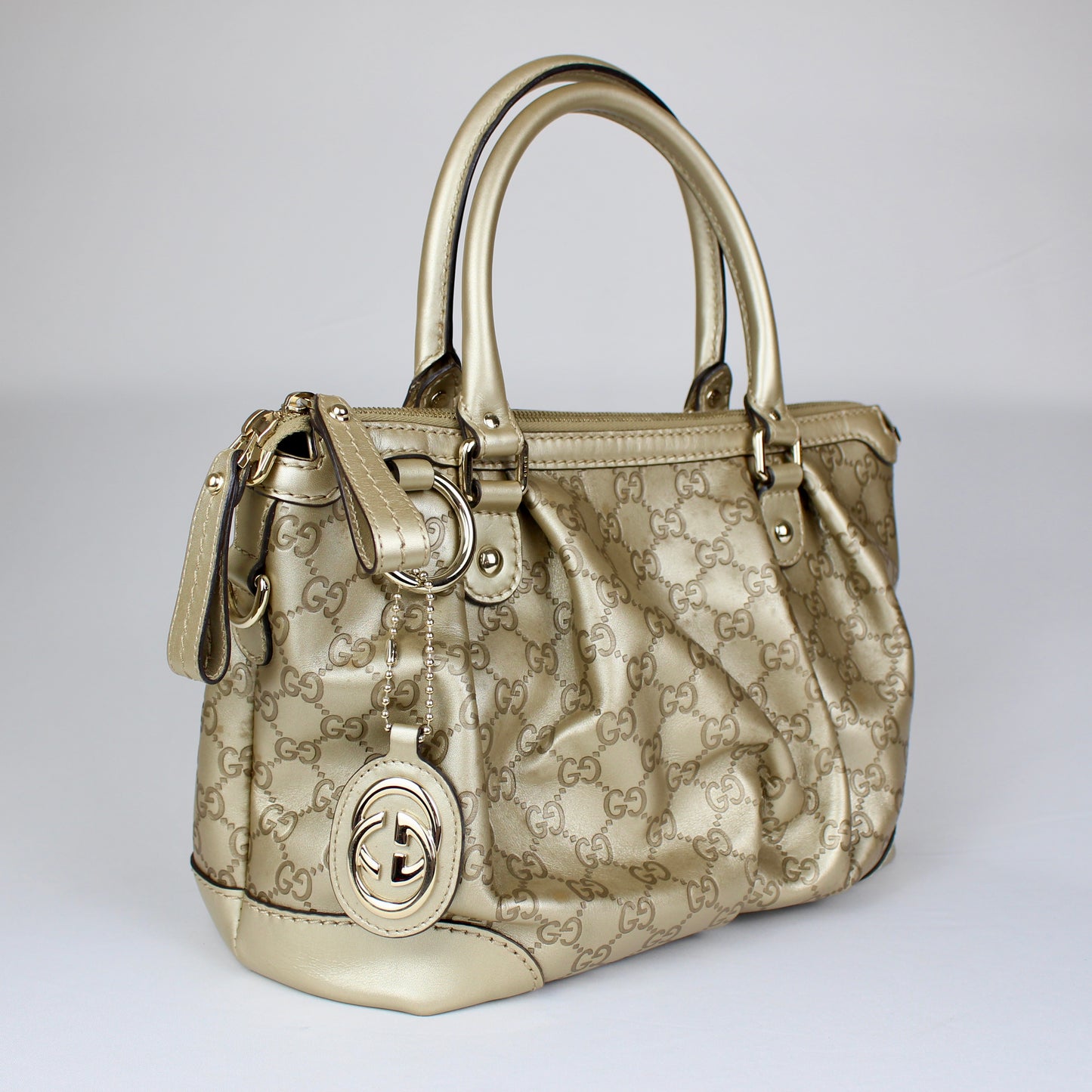 Gucci GG Monogram Gold Patent Leather Tote Bag with Shoulder Strap