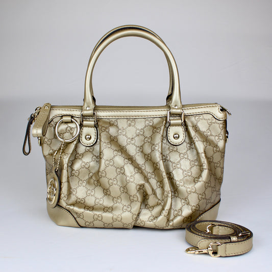 Gucci GG Monogram Gold Patent Leather Tote Bag with Shoulder Strap