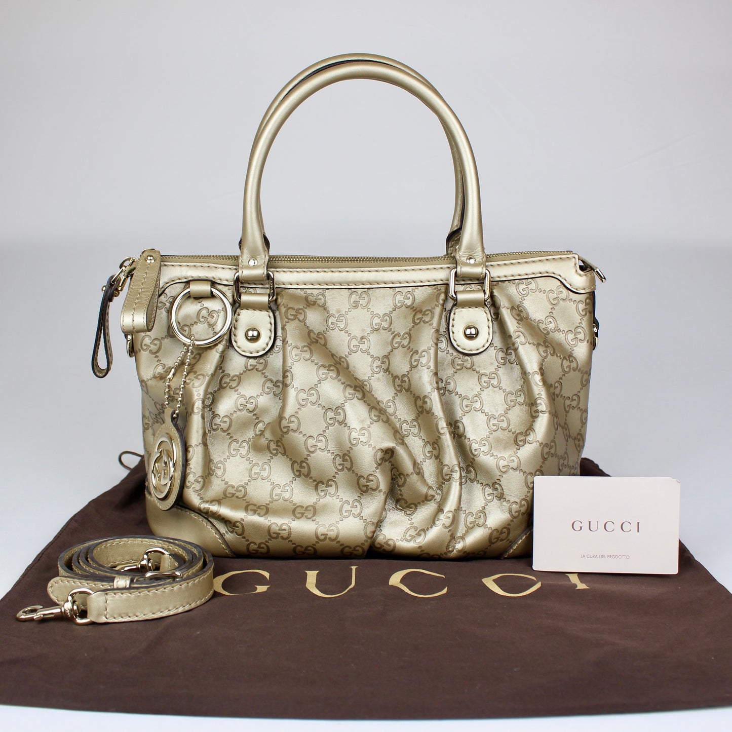 Gucci GG Monogram Gold Patent Leather Tote Bag with Shoulder Strap
