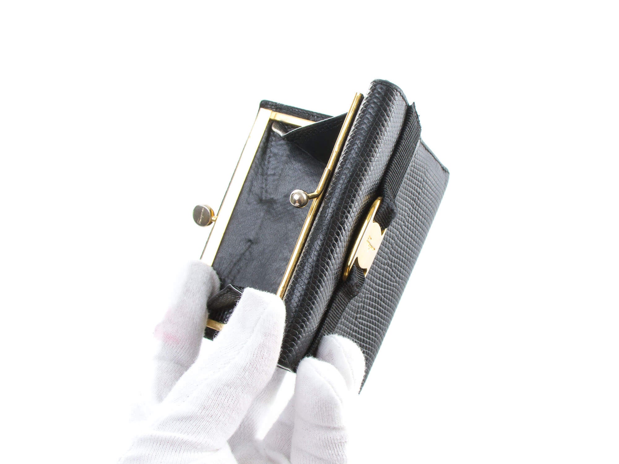Salvatore Ferragamo Leather Compact Kiss-lock Bifold Wallet Black
