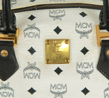 Authentic MCM Logos Pattern Boston Bag White PVC Leather Germany
