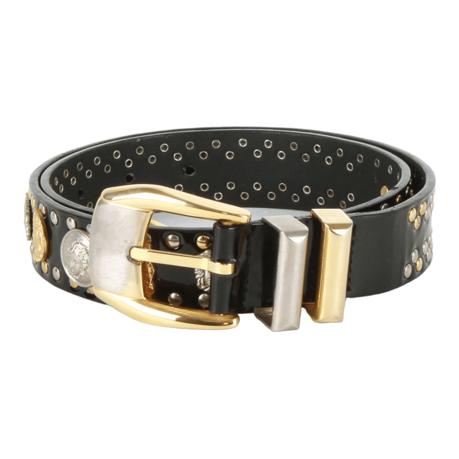 Authentic Gianni Versace Medusa coin and studded leather belt