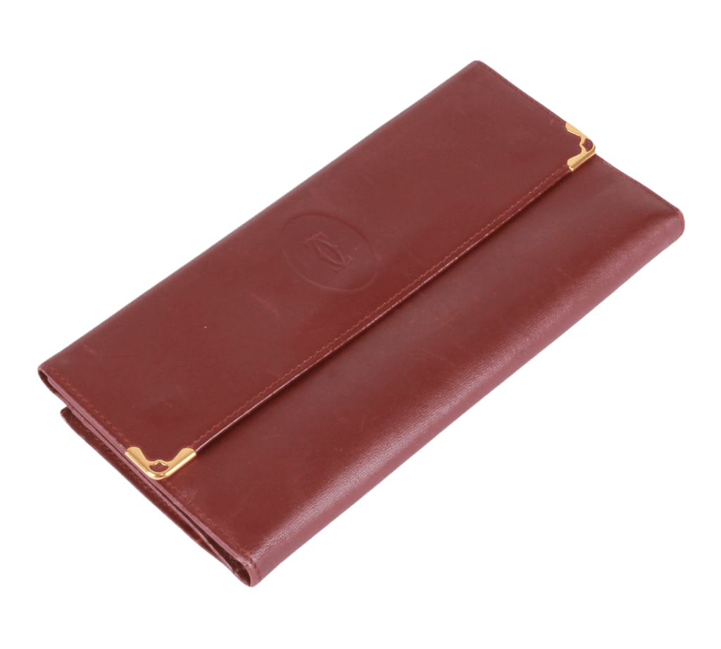 Authentic Must De Cartier Tri-fold french style wallet Bordeaux Leather