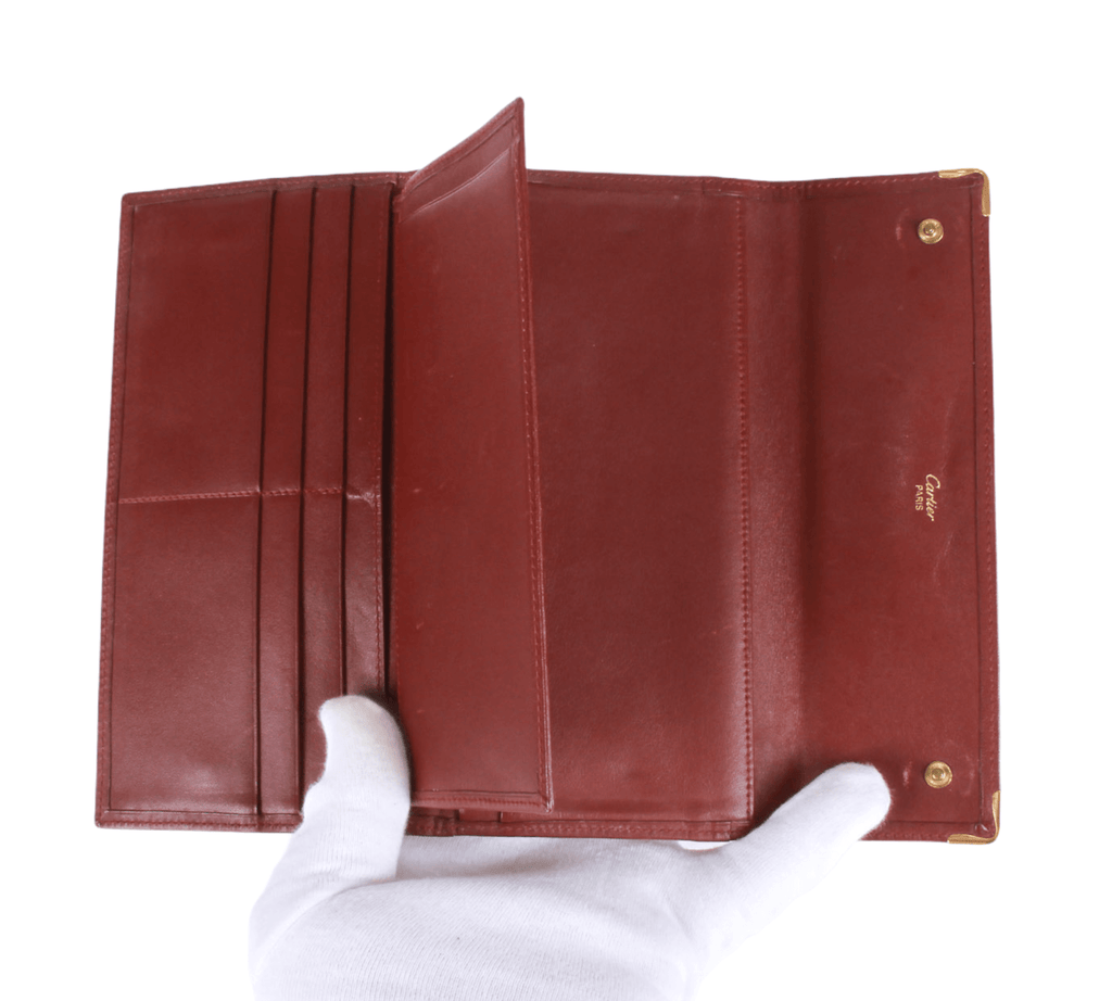 Authentic Must De Cartier Tri-fold french style wallet Bordeaux Leather