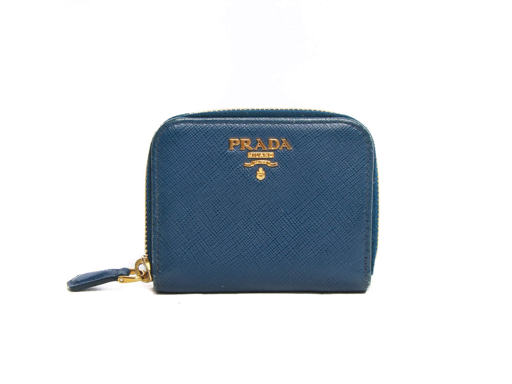 Authentic Prada Saffiano blue leather zip around coin wallet