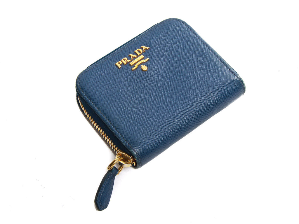 Authentic Prada Saffiano blue leather zip around coin wallet