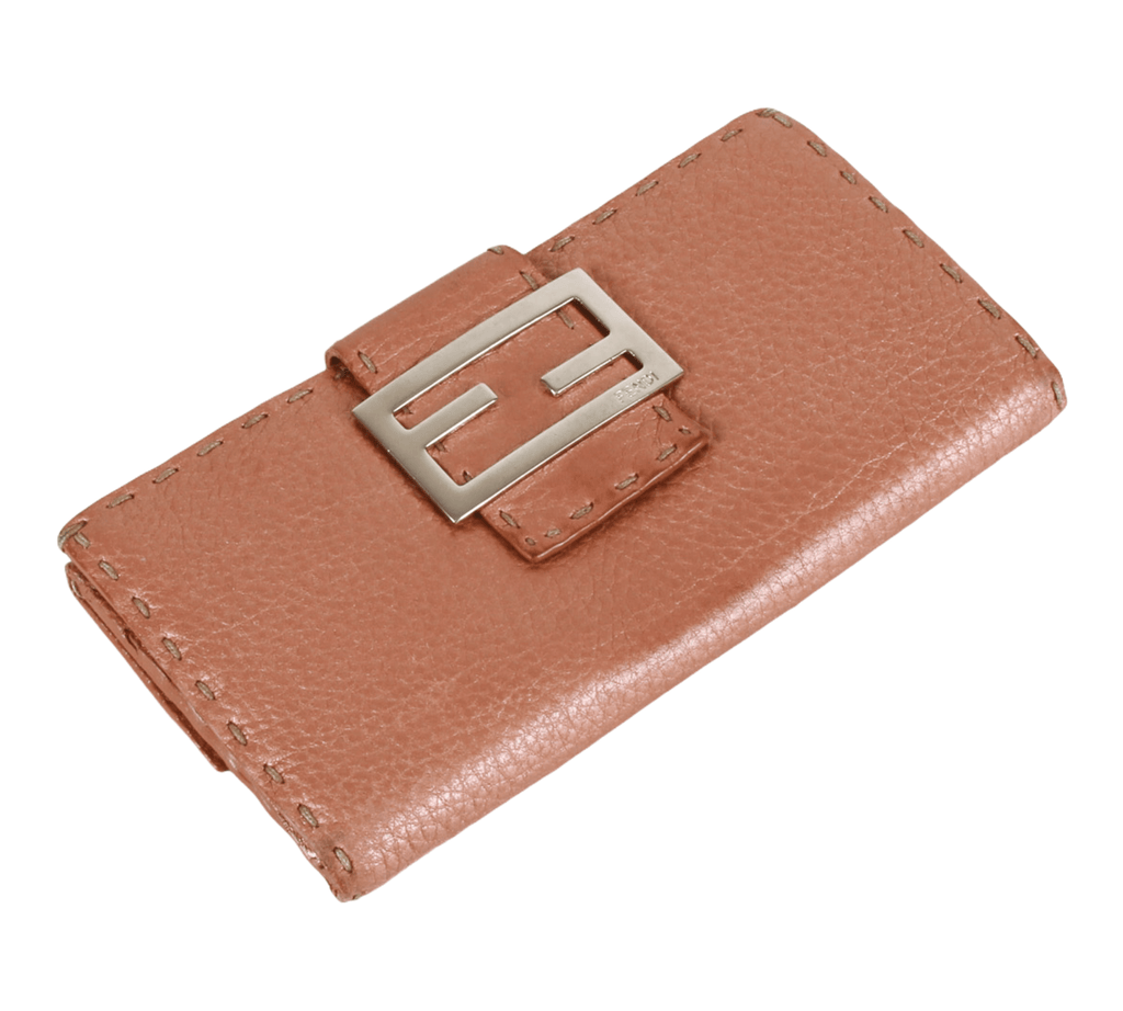 Authentic Fendi Rose Gold Metallic Leather Selleria Wallet