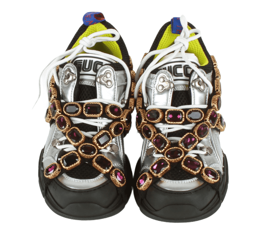 Authentic Gucci Flashtrek crystal embellished metallic sneakers