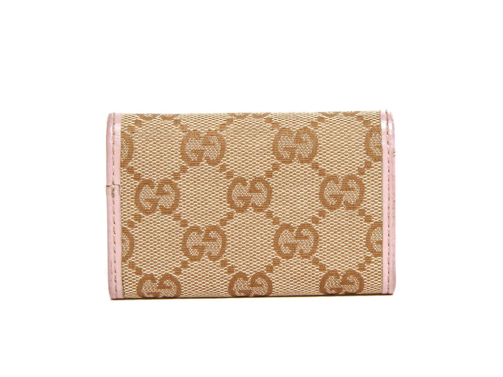 Authentic Gucci monogram canvas pink leather trim key case