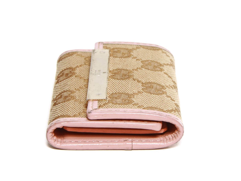 Authentic Gucci monogram canvas pink leather trim key case