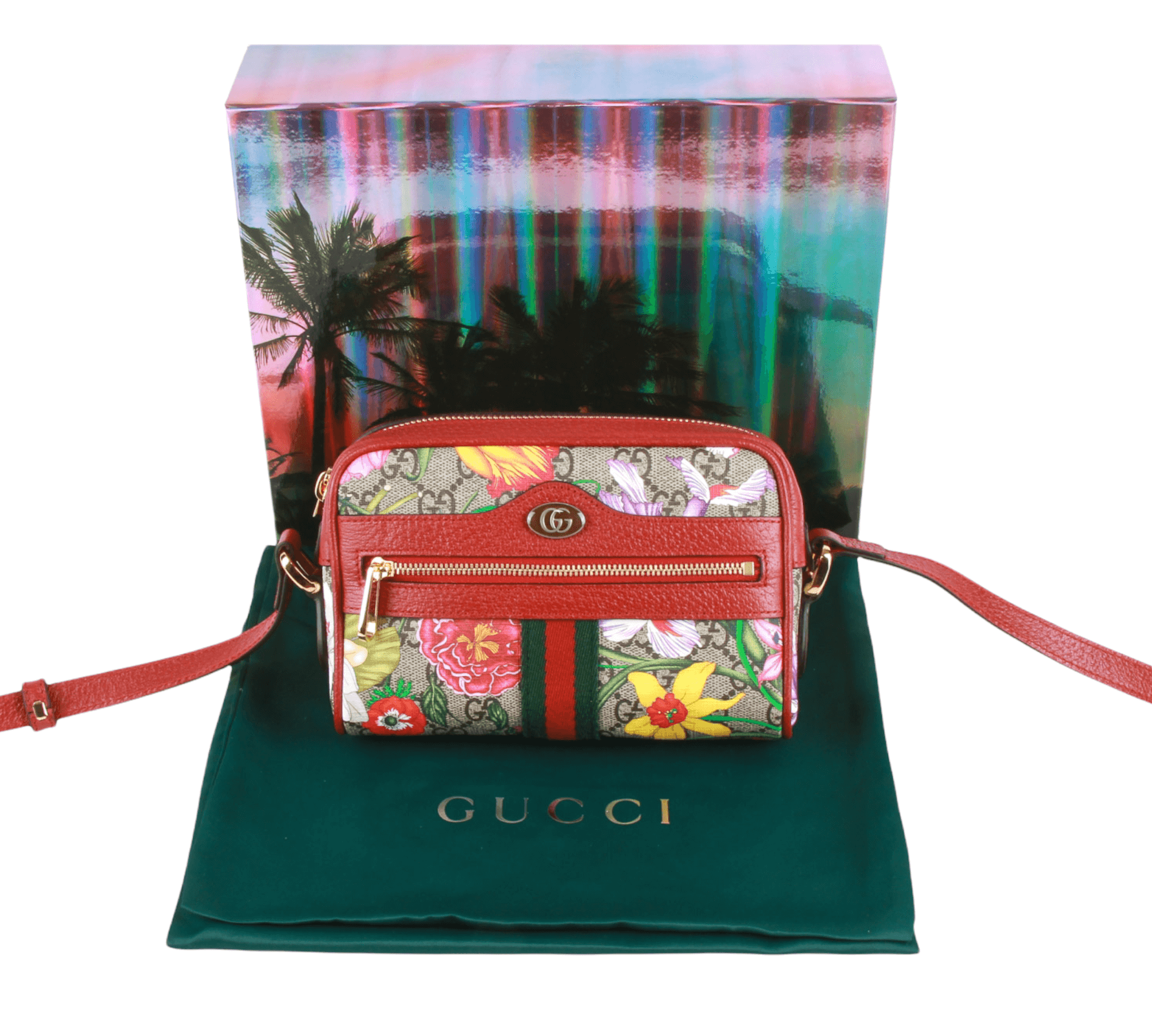 New Green Gucci Mini Phone Flap Crossbody Bag Multicolor GG Canvas