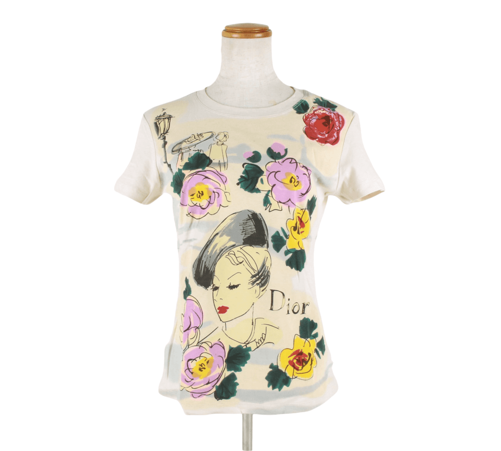 Authentic Christian Dior beige colorful flowers & lady face t-shirt