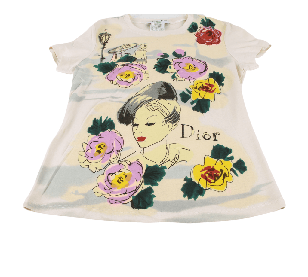 Authentic Christian Dior beige colorful flowers & lady face t-shirt