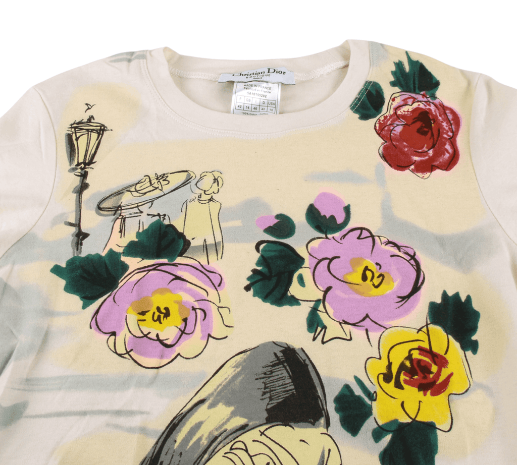 Authentic Christian Dior beige colorful flowers & lady face t-shirt