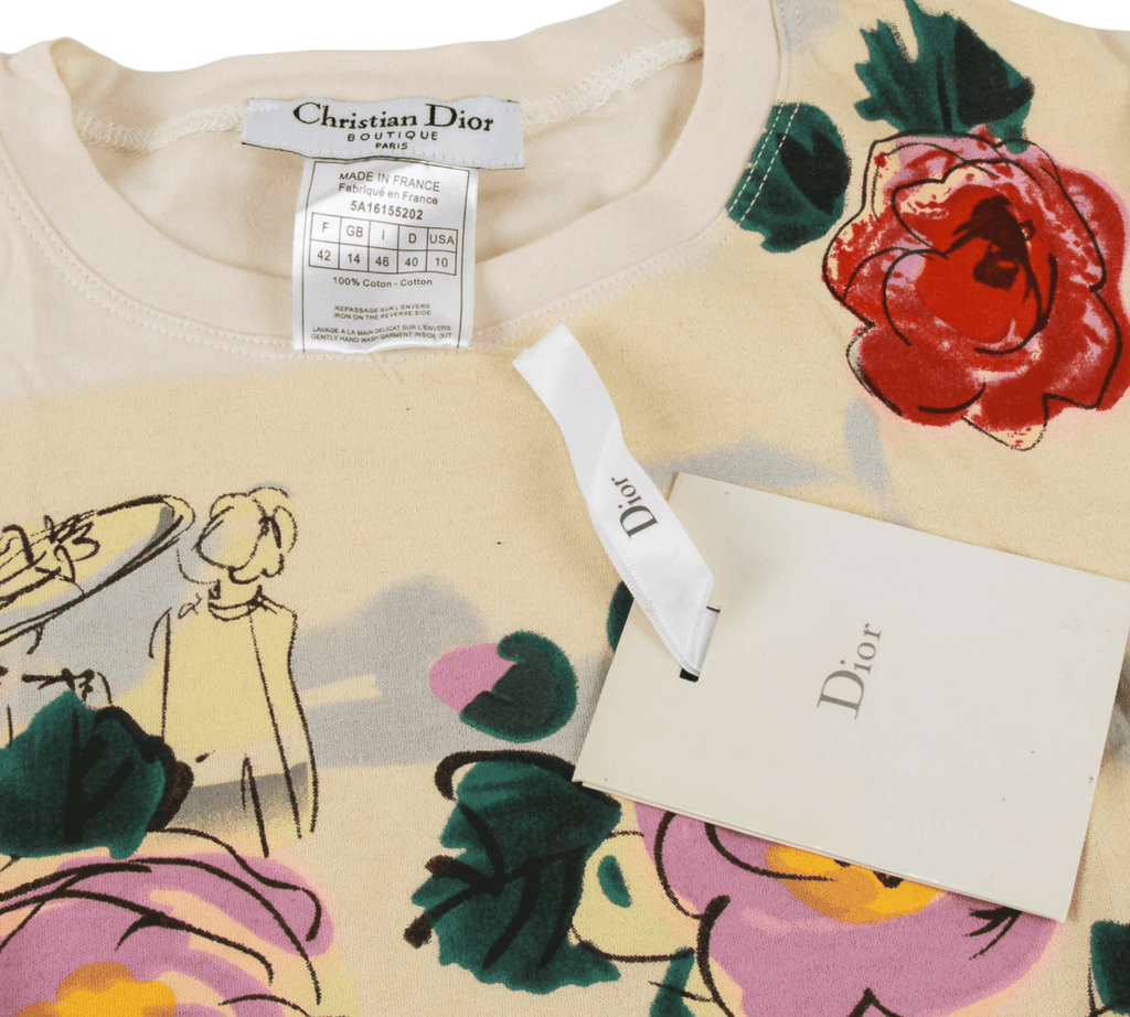 Authentic Christian Dior beige colorful flowers & lady face t-shirt