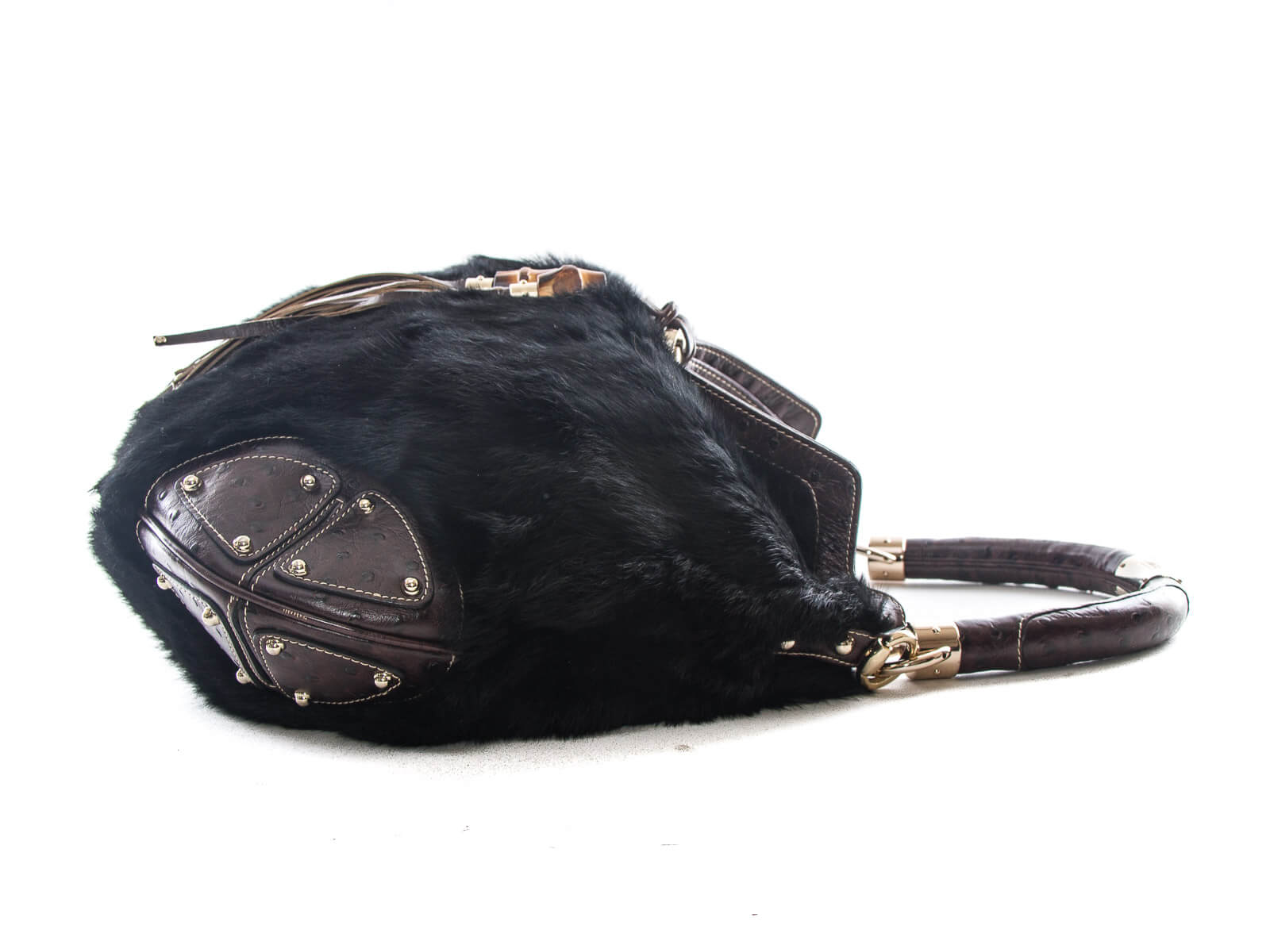 Japan Brand Fiore Genuine Ostrich Leather Black Hand Bag Purse w/Shoulder  strap