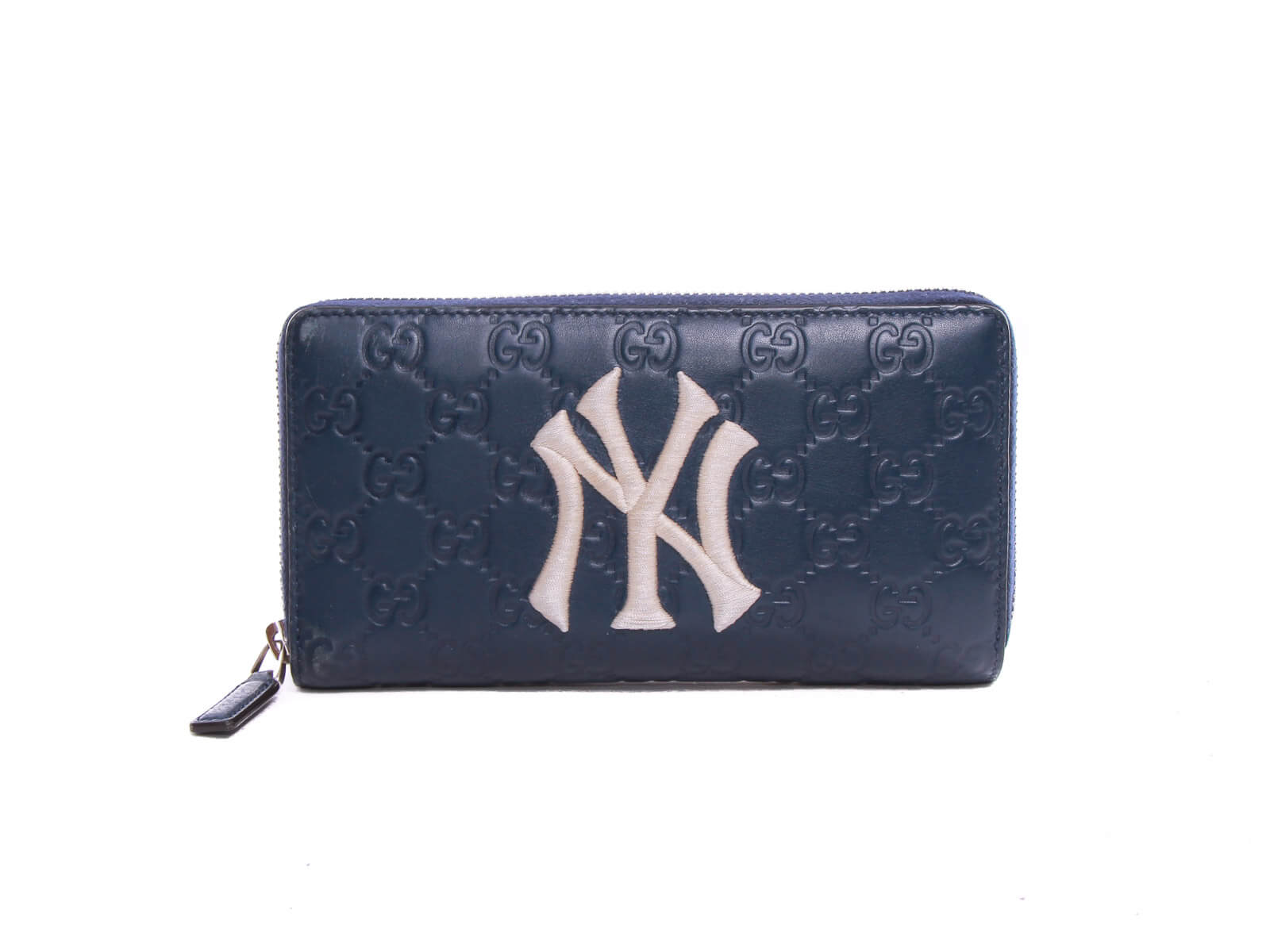 Authentic Gucci Guccissima NY Yankees Zip Around Wallet Blue