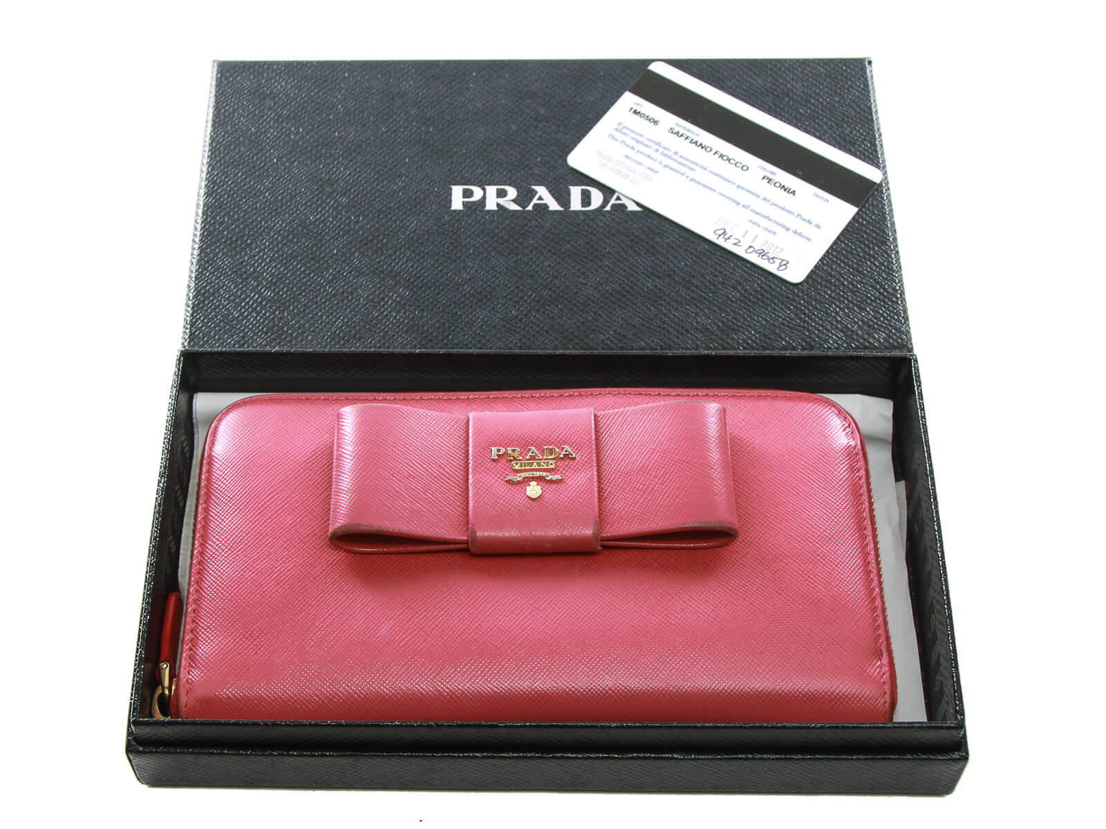 Authentic Prada Saffiano pink leather ribbon zip around wallet