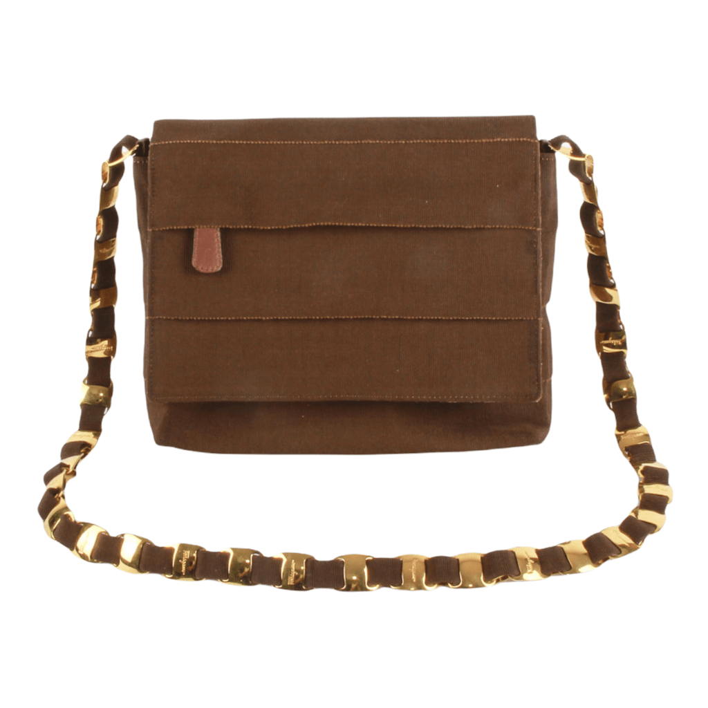 Authentic Salvatore Ferragamo Tiered Brown Grosgrain cross body bag