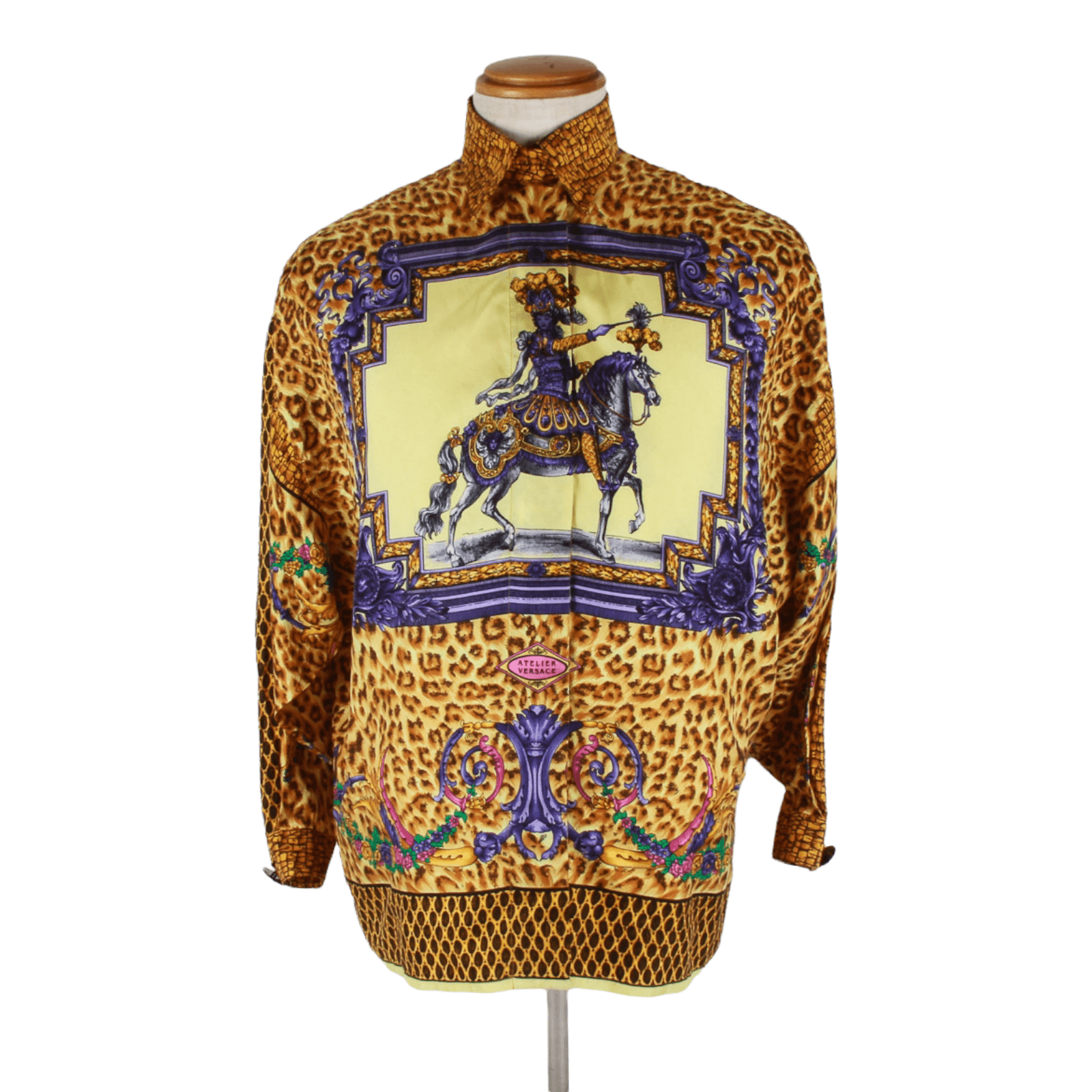 Authentic Versace Gold Baroque and Leopard Print Silk Blouse With Equestrian rider