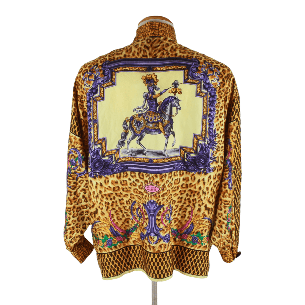 Authentic Versace Gold Baroque and Leopard Print Silk Blouse With Equestrian rider