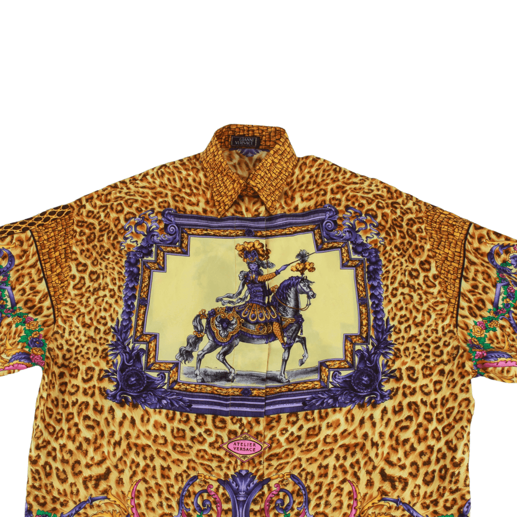 Authentic Versace Gold Baroque and Leopard Print Silk Blouse With Equestrian rider