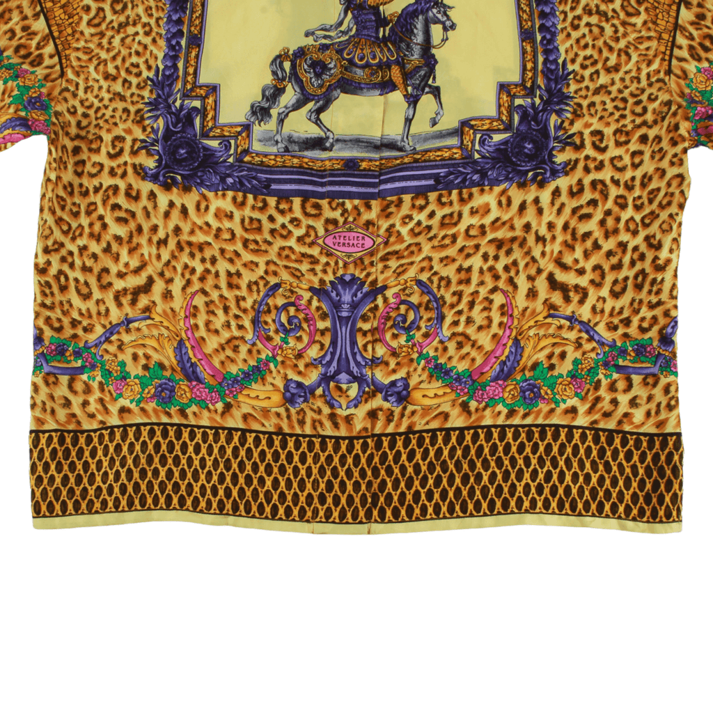 Authentic Versace Gold Baroque and Leopard Print Silk Blouse With Equestrian rider