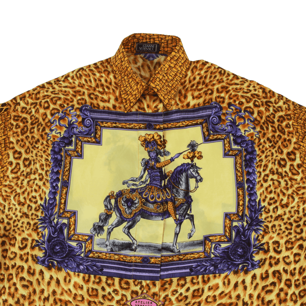 Authentic Versace Gold Baroque and Leopard Print Silk Blouse With Equestrian rider