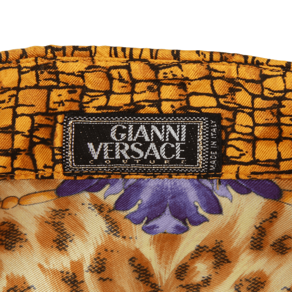 Authentic Versace Gold Baroque and Leopard Print Silk Blouse With Equestrian rider