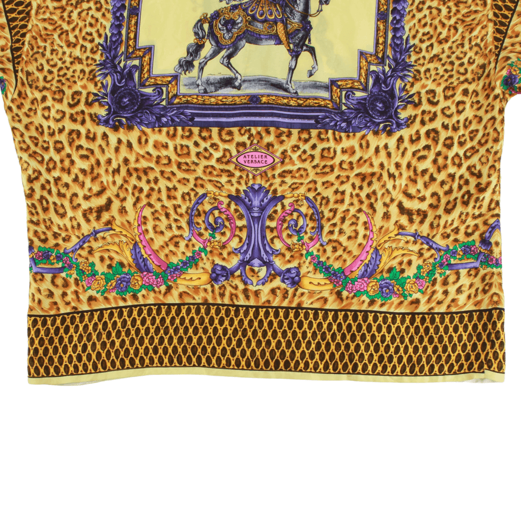 Authentic Versace Gold Baroque and Leopard Print Silk Blouse With Equestrian rider