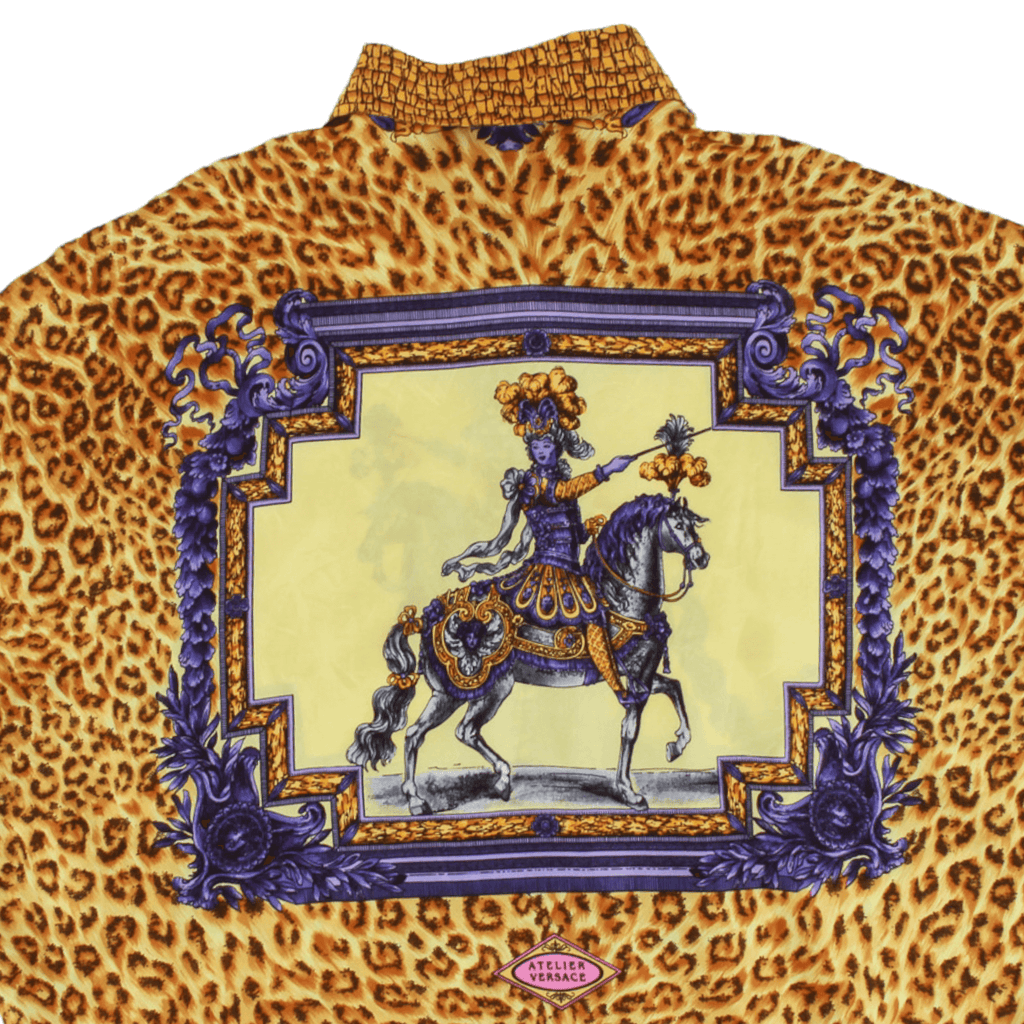 Authentic Versace Gold Baroque and Leopard Print Silk Blouse With Equestrian rider