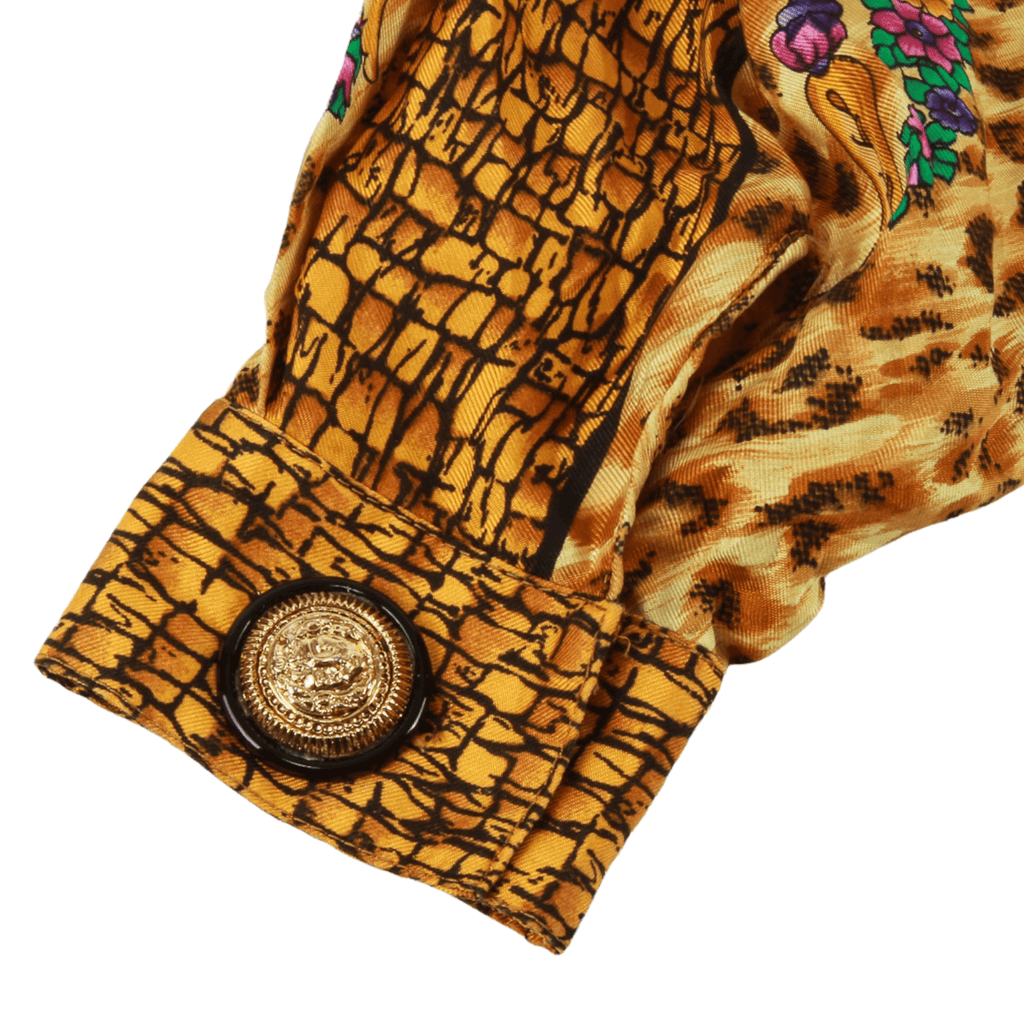 Authentic Versace Gold Baroque and Leopard Print Silk Blouse With Equestrian rider