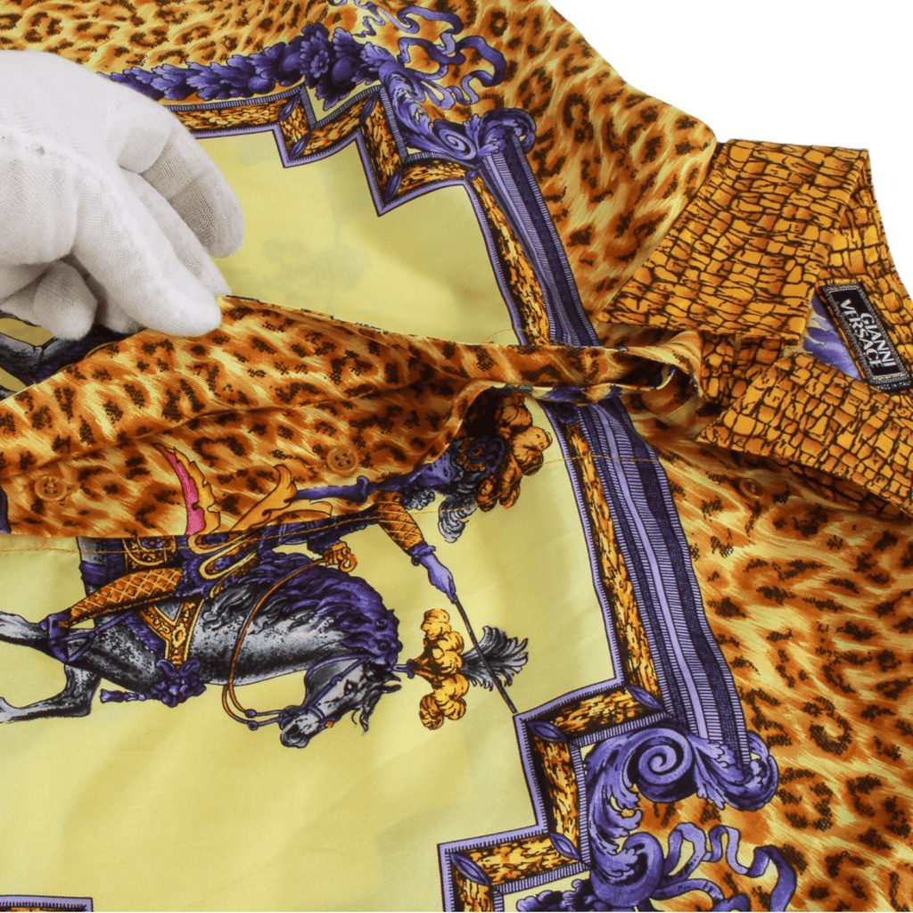 Authentic Versace Gold Baroque and Leopard Print Silk Blouse With Equestrian rider